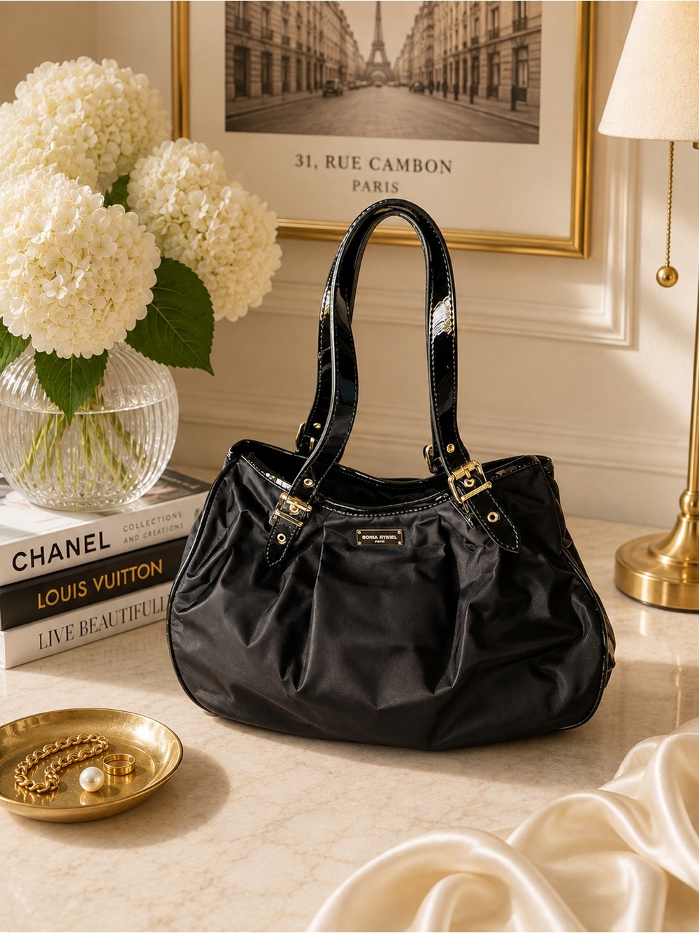 Sonia Rykiel Paris Black Nylon Patent Shoulder Bag Y2K Tote Purse